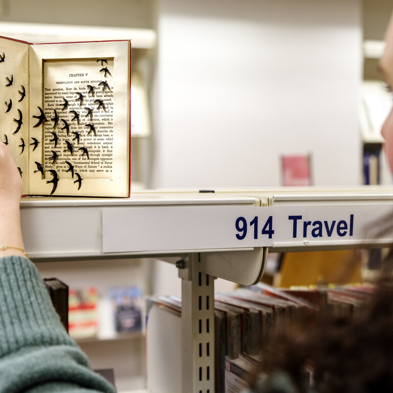 A woman in a library looks at a beautifully decorated book with birds flying across the pages.