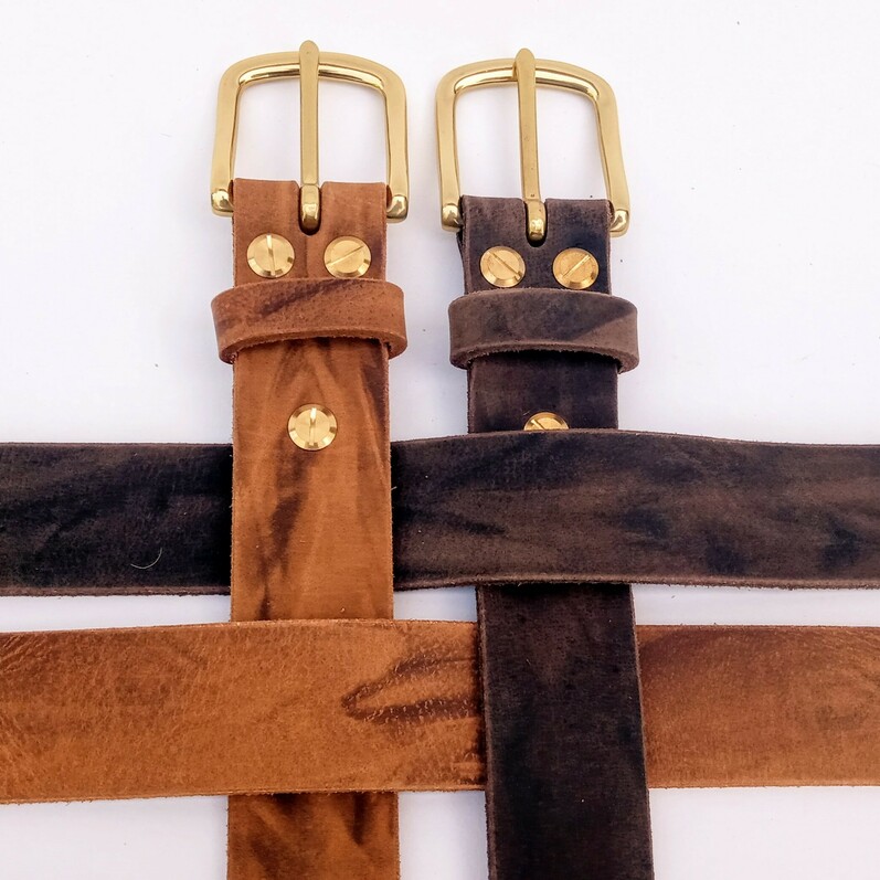 a photo of 4 leather belts in a square graphic layout showing different leather colours