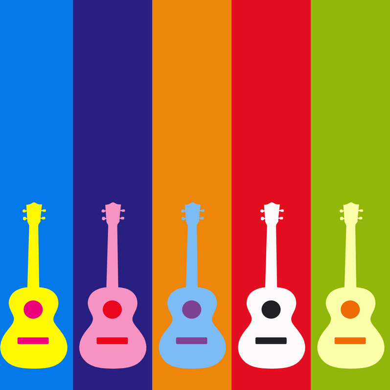 Five colourful ukuleles in a row