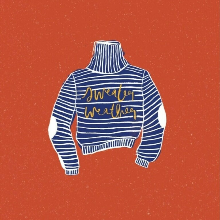 illustration of a blue and white striped sweater on a red background with the words sweater weather on the front