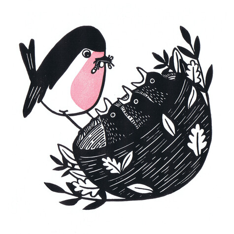 Lino print of a robin feeding chicks in a nest