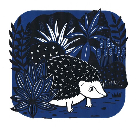 Lino print of a hedgehog in shrubs