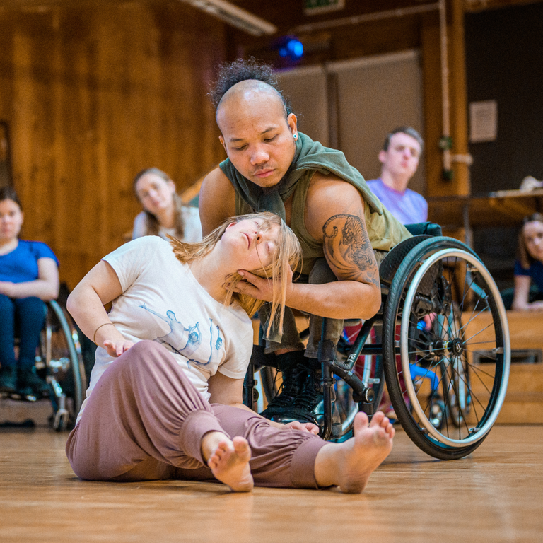 Hannah and Nadenh dancing together in the studio
