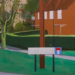 A painting of a residential street and street sign