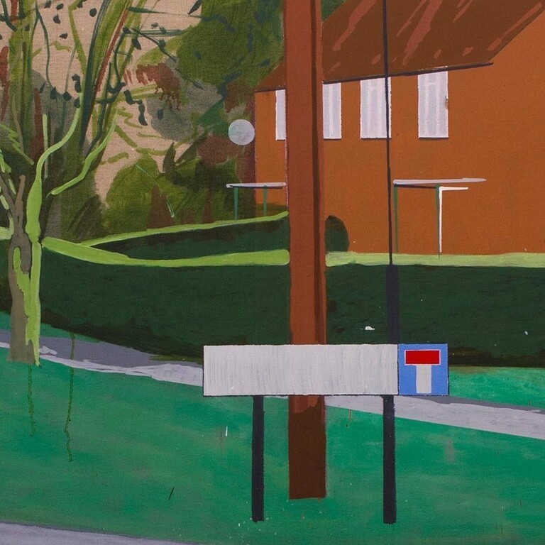 A painting of a residential street and street sign