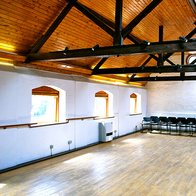 Empty sunlit room with wooden floor and vaulted ceiling