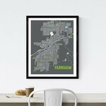 screen print of a grey road names map of Farnham handing on a wall