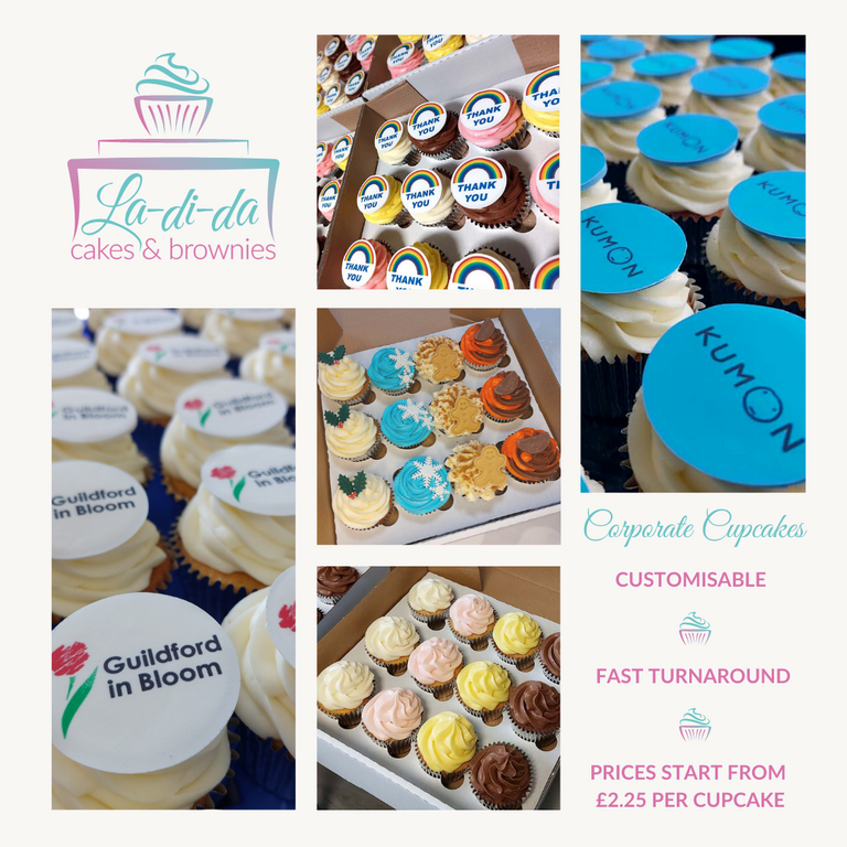 A white poster with images of cupcakes and logo for La Di Da cakes and brownies.