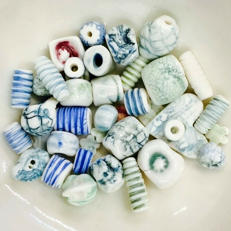Assorted blue and white ceramic beads