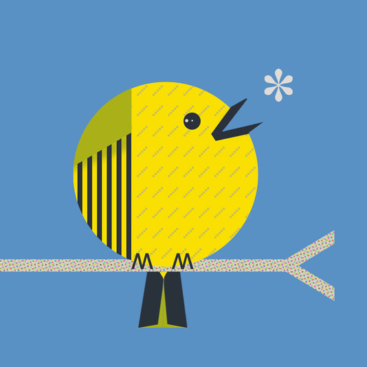 Motif illustration of a round yellow bird on a branch in front of a blue sky