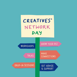 Brightly coloured image of a sign post advertising the information for the Farnham Creative Network day on a blue background