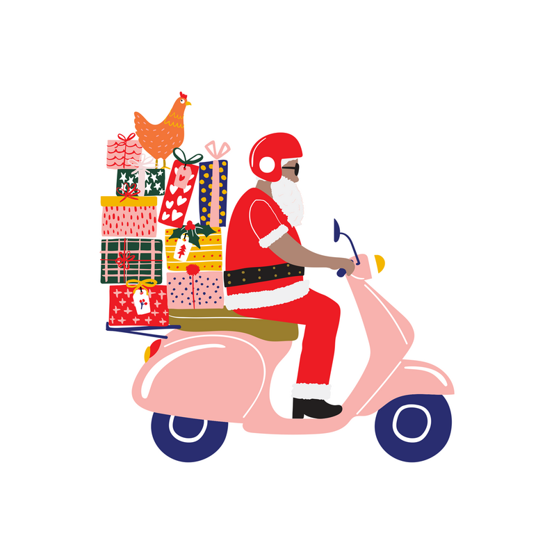 A Christmas illustration of Santa On a Vespa With Presents