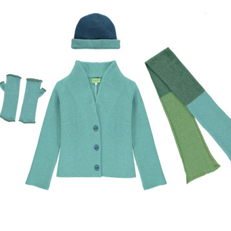 A knit jacket, hat, scarf and fingerless mittens