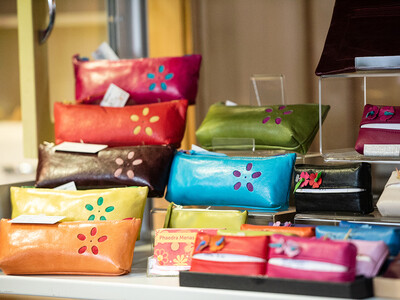 Leather pouches on sale in the Maltings Store