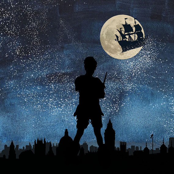 A silhouette of the London skyline with an outline of Peter Pan