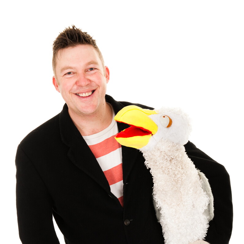 Performer Craig Johnson and his seagull puppet.