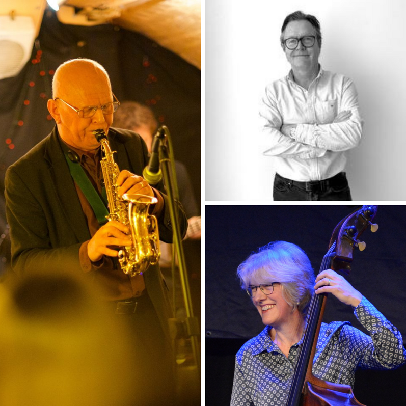 A trio of photographs showing jazz musicians and their instruments.