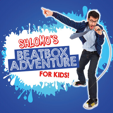 A blue graphic with a man holding a microphone and text reading: Shlomos BeatBox Adventure for Kids.