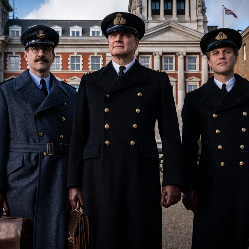 Three men in smart military coats and hats holding brown leather briefcases