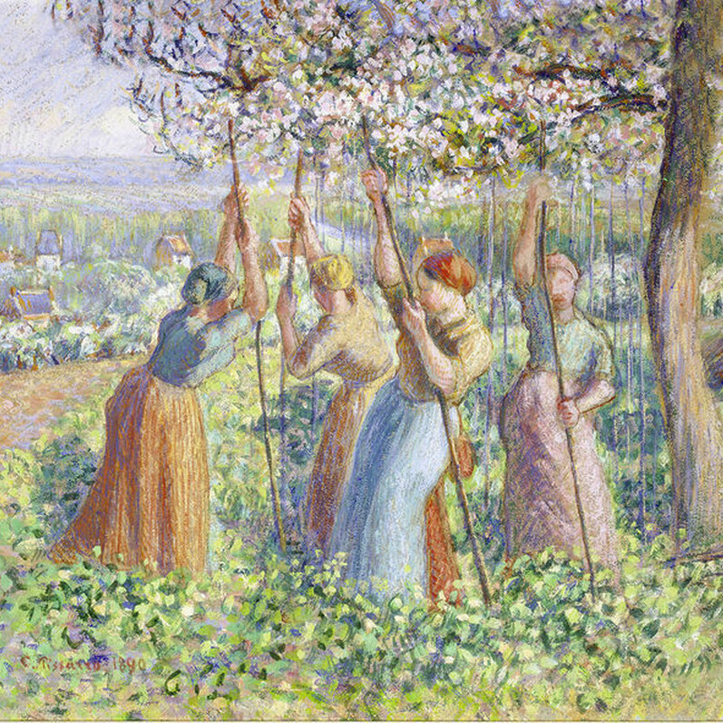 Painting of a rural scene with women in peasant style clothing staking peas under a tree
