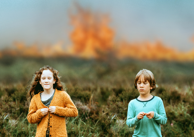 A young girl and young boy walk through a field with a fire behind them - A still from theatre production ' Bobby and Amy'