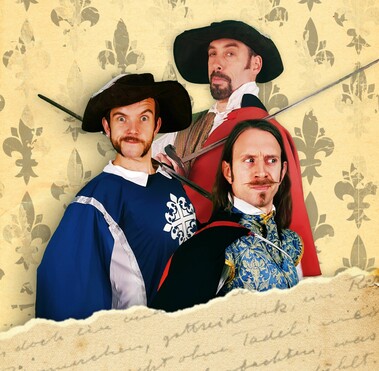 Three performers dressed as musketeers