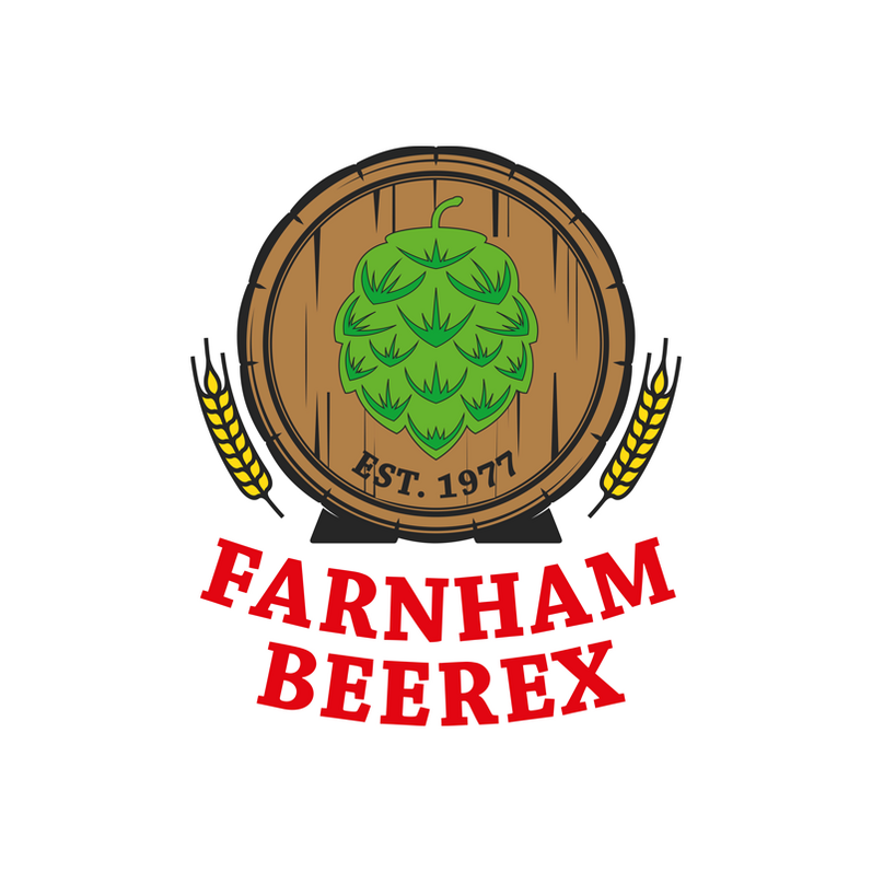 A logo depicting a beer barrel and hops with the words 'Farnham Beerex'
