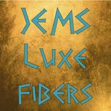 Jems Luxe Fibers turquoise logo on metallic gold background