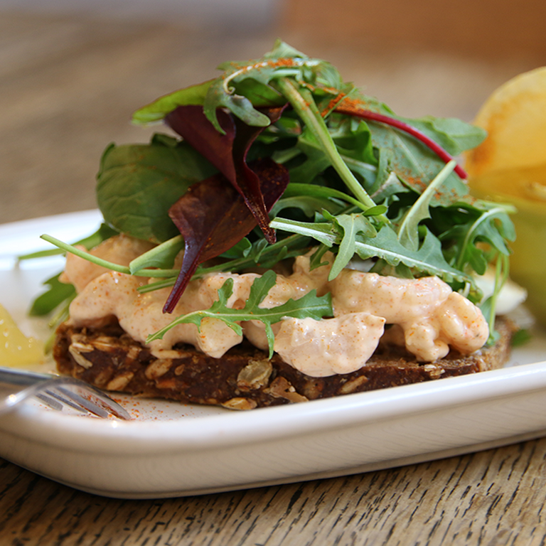 A photo of an open sandwich from the Riverside cafe in Farnham Maltings.